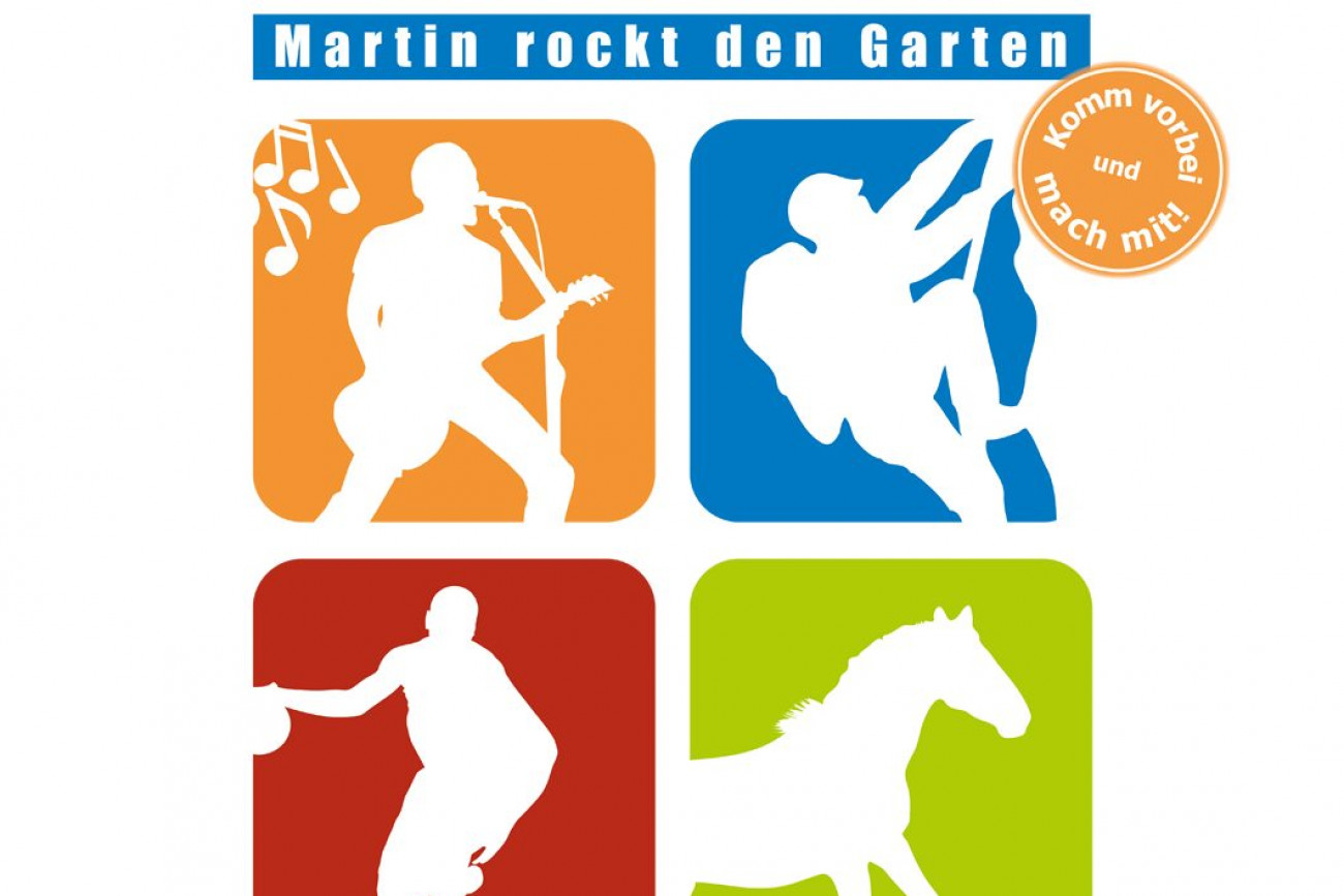 Plakat Alle Inklusive Festival mit Bildern: Musik, Klettern, Sport, Tiere