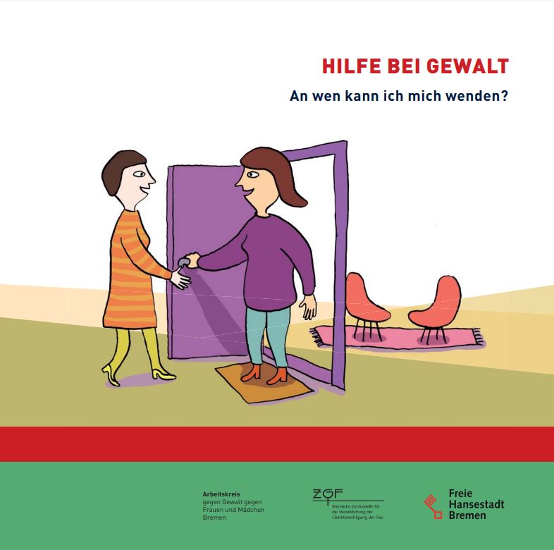 Eine Grafik mit zwei Frauen, die sich an einer Tür begrüßen. Im Hintergrund stehen zwei Stühle bereit. Überschrift: "Hilfe bei Gewalt - An wen kann ich mich wenden?"
