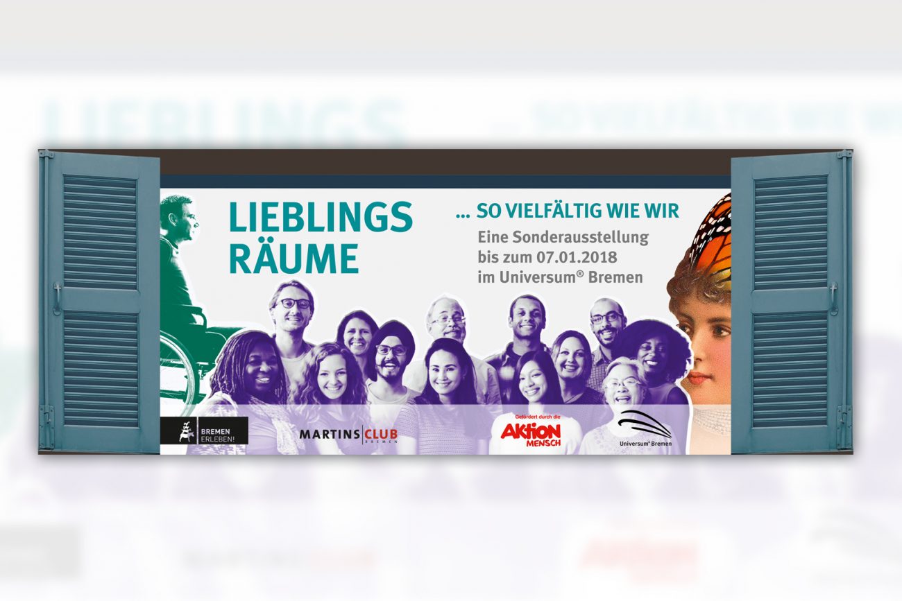 Werbepostkarte zur Ausstellung "Lieblingsräume" im Universum Bremen.